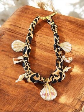New Boho Natural Gold Accented
Seashells Charm Leopard Scarf Boutique Necklace